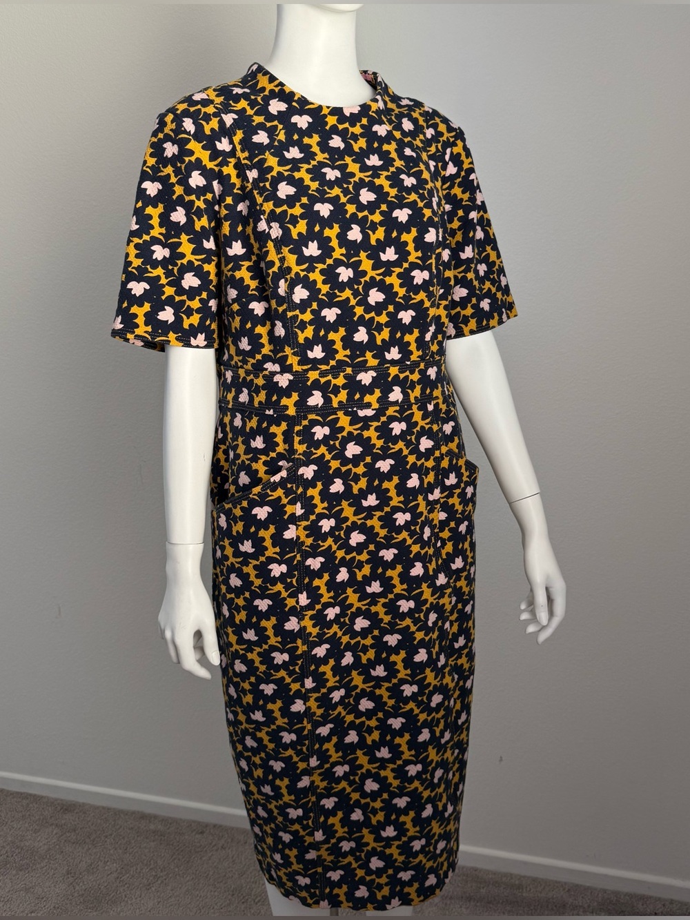 Boden Floral Print Sheath Dress Navy Mustard Pink UK 16L US 12L Pockets